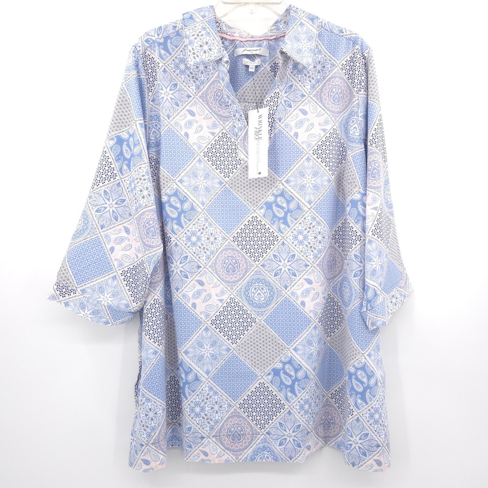Foxcroft Patchwork Tunic Top Women 18W Blue Freesia‎ Wrinkle Free Angel NEW